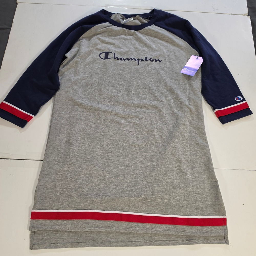 Champion Womens Raglan T-Shirt Dress Gray Navy Blue Striped Small NWT